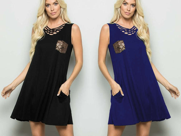 Crisscross Sequin Pockets Dress - Navy or Black