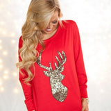 Festive Red Sequin Reindeer Long-Sleeve Top