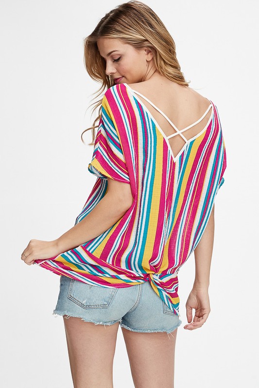Striped Dolman Crisscross Back Top