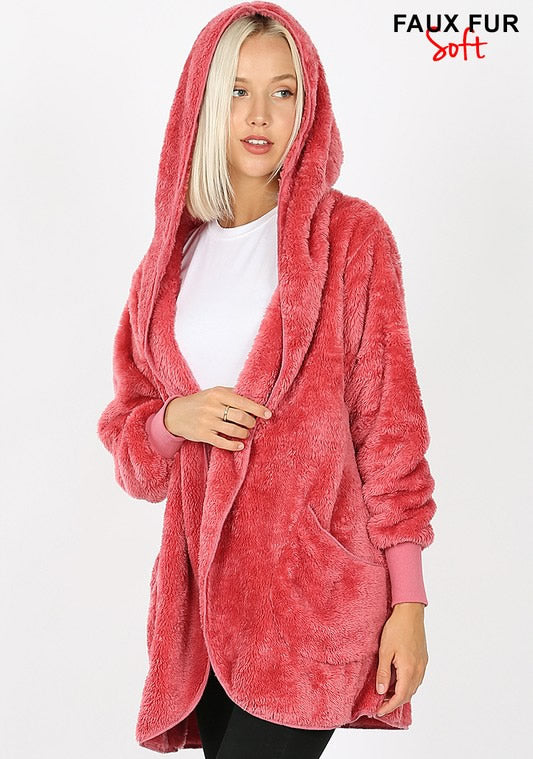 Faux Fur Cocoon Jacket - Rose
