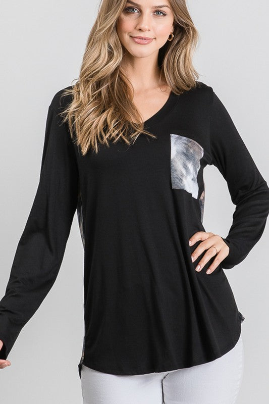 Black Top with Contrast Tie-Dye Sleeves and Pocket Detail