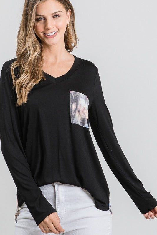 Black Top with Contrast Tie-Dye Sleeves and Pocket Detail