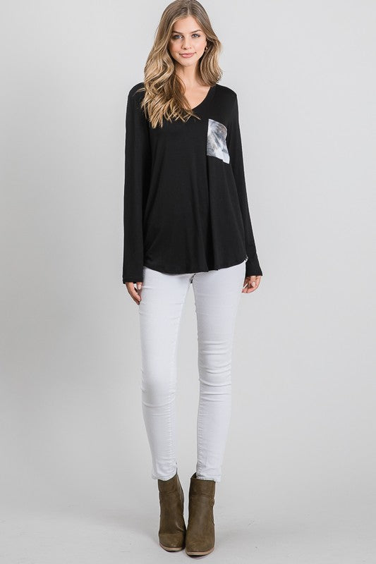Black Top with Contrast Tie-Dye Sleeves and Pocket Detail