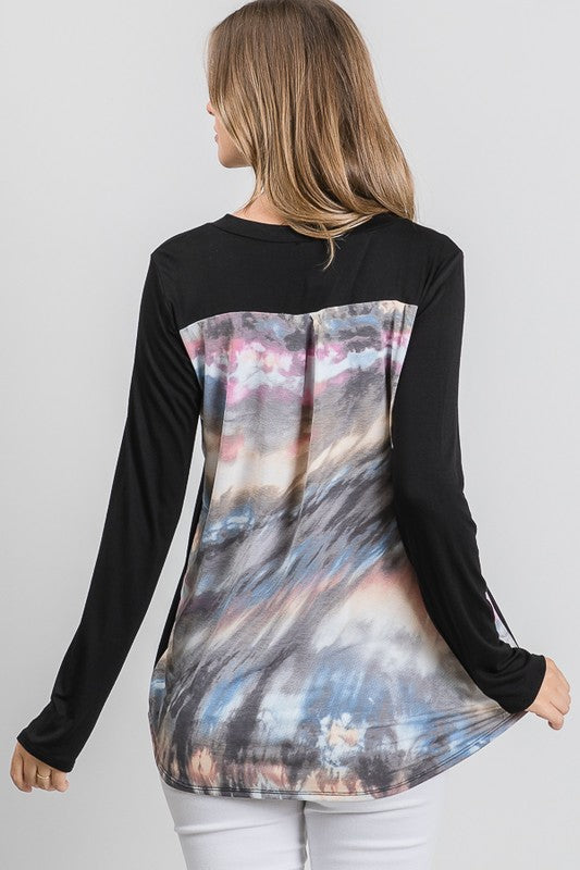 Black Top with Contrast Tie-Dye Sleeves and Pocket Detail