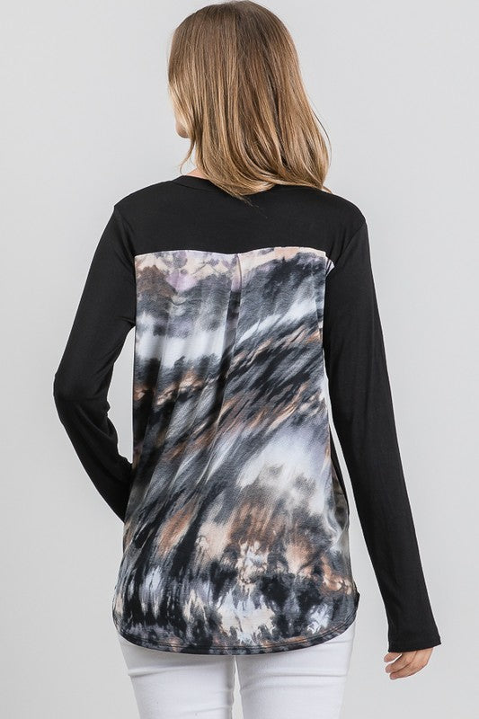 Black Top with Contrast Tie-Dye Sleeves and Pocket Detail