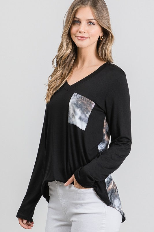 Black Top with Contrast Tie-Dye Sleeves and Pocket Detail