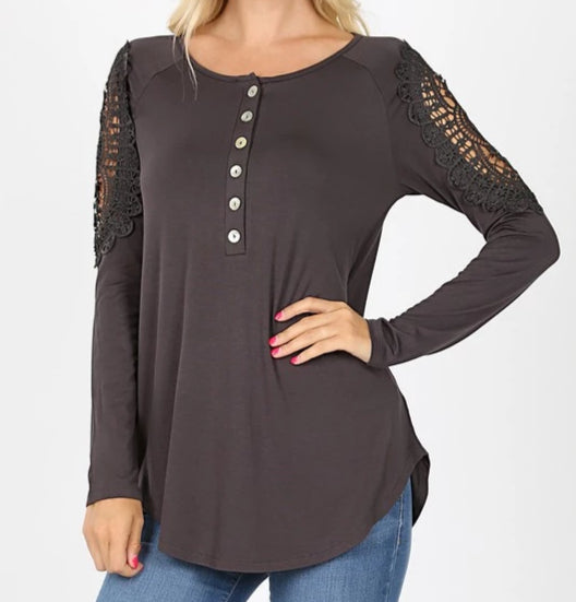 Lace Trimmed Long Sleeve Henley Top