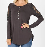 Lace Trimmed Long Sleeve Henley Top
