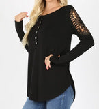 Lace Trimmed Long Sleeve Henley Top