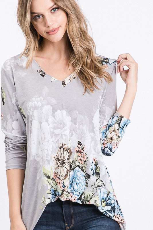 Graceful Floral Fade Long Sleeve Top - Flowy V-Neck Elegance