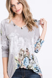 Graceful Floral Fade Long Sleeve Top - Flowy V-Neck Elegance
