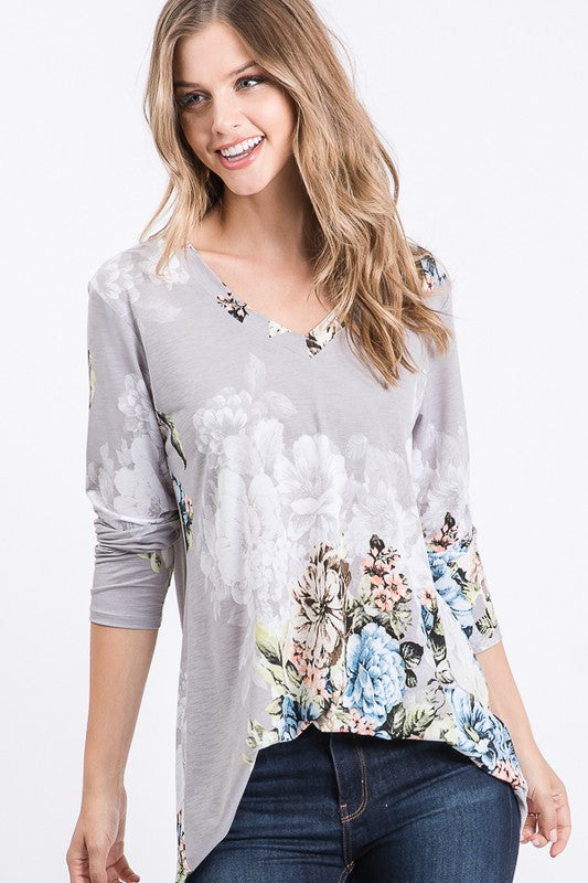 Graceful Floral Fade Long Sleeve Top - Flowy V-Neck Elegance