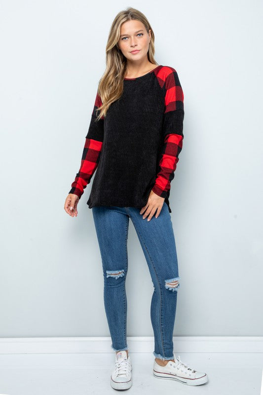 Buffalo Plaid Sleeves Ribbed Knitted Velvet Top