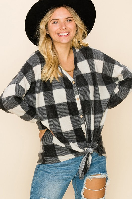 Ivory and Black Buffalo Plaid Button-Up Cardigan - V-Neck with Front Tie Detail