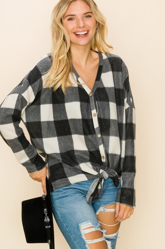 Ivory and Black Buffalo Plaid Button-Up Cardigan - V-Neck with Front Tie Detail