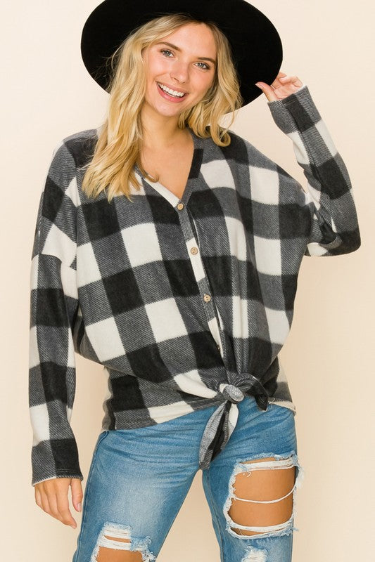 Ivory and Black Buffalo Plaid Button-Up Cardigan - V-Neck with Front Tie Detail