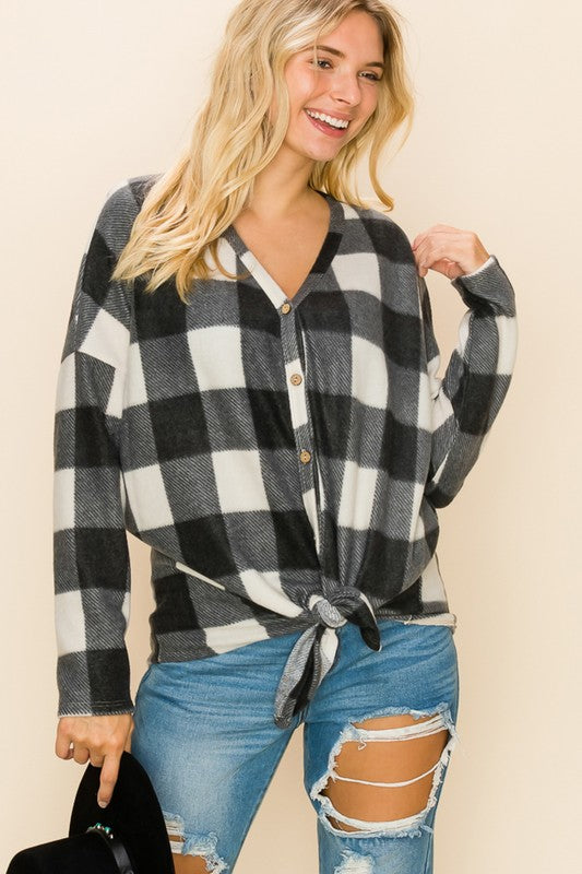 Ivory and Black Buffalo Plaid Button-Up Cardigan - V-Neck with Front Tie Detail