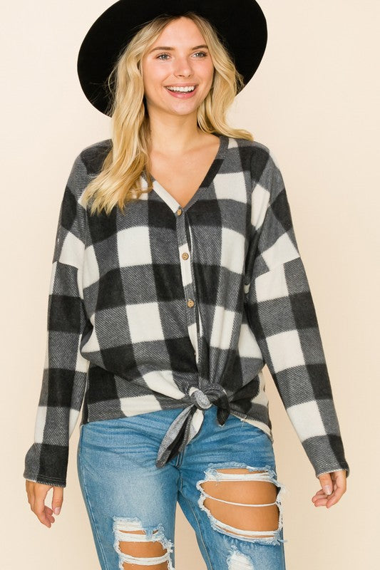 Ivory and Black Buffalo Plaid Button-Up Cardigan - V-Neck with Front Tie Detail