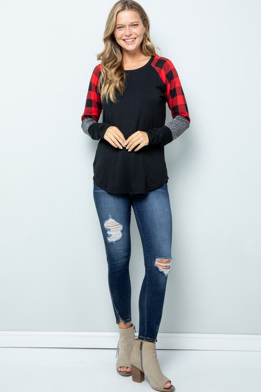 Red Buffalo Plaid and Silver Contrast Long Sleeve Top - Scoop-Hem Comfort
