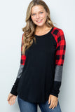 Red Buffalo Plaid and Silver Contrast Long Sleeve Top - Scoop-Hem Comfort