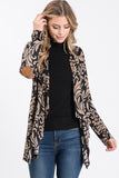 Womens Open Front Longline Tan & Black Damask Cardigan w/ Elbow Patches