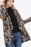 Womens Open Front Longline Tan & Black Damask Cardigan w/ Elbow Patches