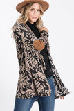 Womens Open Front Longline Tan & Black Damask Cardigan w/ Elbow Patches