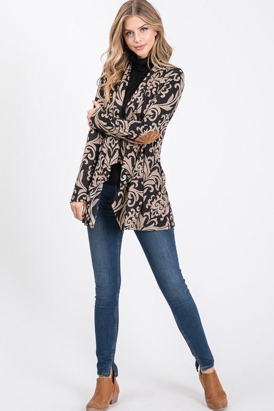 Womens Open Front Longline Tan & Black Damask Cardigan w/ Elbow Patches