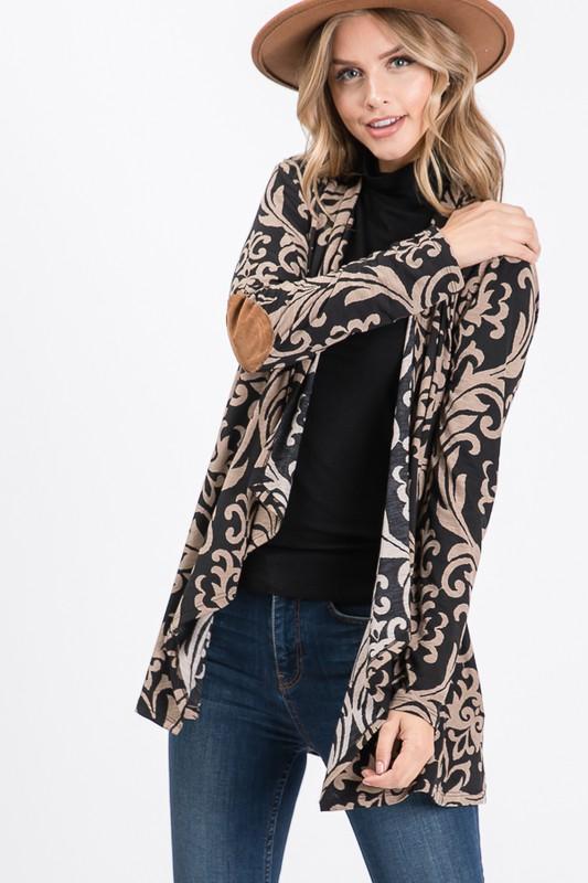 Womens Open Front Longline Tan & Black Damask Cardigan w/ Elbow Patches