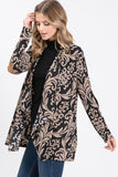 Womens Open Front Longline Tan & Black Damask Cardigan w/ Elbow Patches