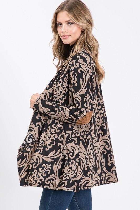 Womens Open Front Longline Tan & Black Damask Cardigan w/ Elbow Patches