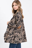 Womens Open Front Longline Tan & Black Damask Cardigan w/ Elbow Patches