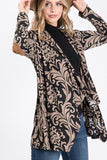 Womens Open Front Longline Tan & Black Damask Cardigan w/ Elbow Patches