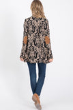 Womens Open Front Longline Tan & Black Damask Cardigan w/ Elbow Patches