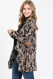 Womens Open Front Longline Tan & Black Damask Cardigan w/ Elbow Patches