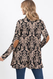 Womens Open Front Longline Tan & Black Damask Cardigan w/ Elbow Patches