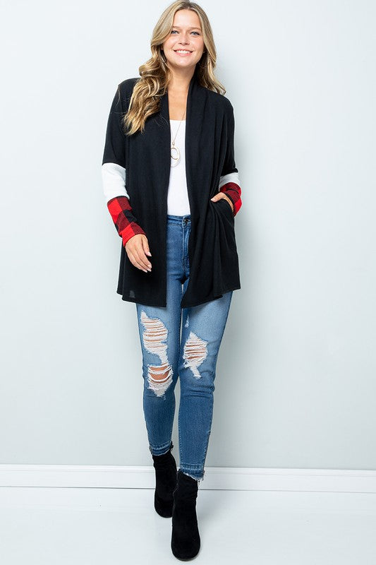 Red Buffalo Plaid Contrast White Sleeve Open Black Cardigan with Pockets