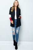 Red Buffalo Plaid Contrast White Sleeve Open Black Cardigan with Pockets