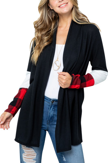Red Buffalo Plaid Contrast White Sleeve Open Black Cardigan with Pockets