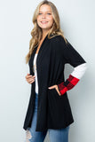 Red Buffalo Plaid Contrast White Sleeve Open Black Cardigan with Pockets