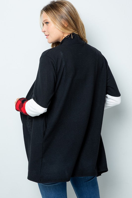Red Buffalo Plaid Contrast White Sleeve Open Black Cardigan with Pockets