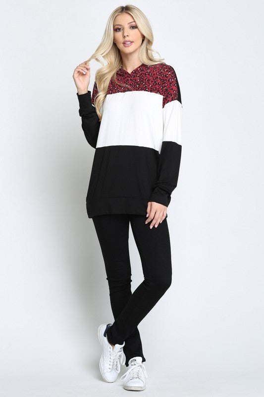 Leopard Solid Color Block Contrast Long Sleeve Hoodie