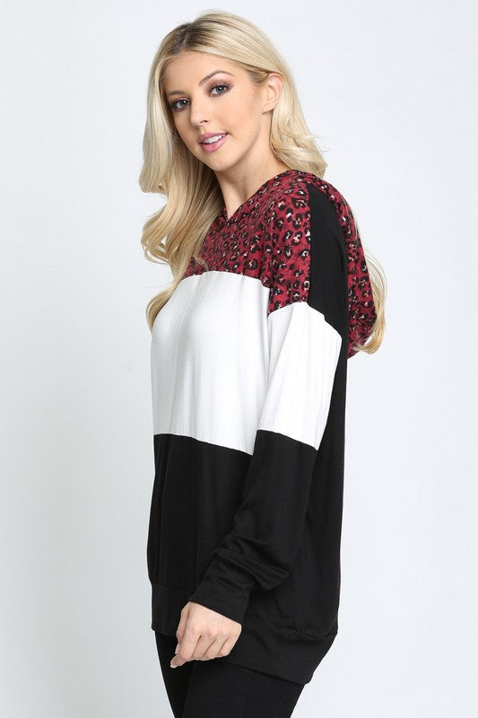 Leopard Solid Color Block Contrast Long Sleeve Hoodie