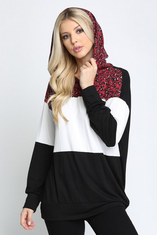 Leopard Solid Color Block Contrast Long Sleeve Hoodie