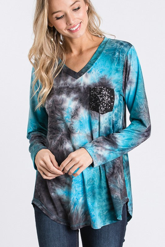 Teal Tie Dye Top with Sequin Pocket - Relaxed Fit and Legging-Soft Material