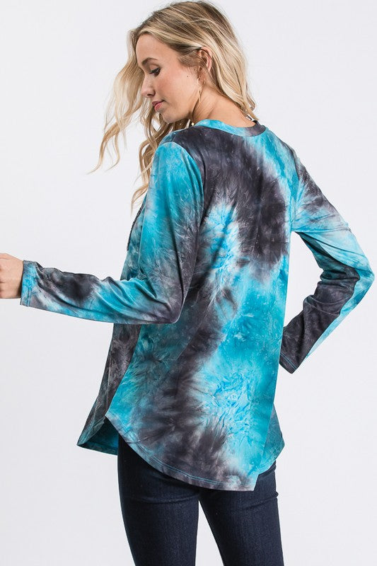 Teal Tie Dye Top with Sequin Pocket - Relaxed Fit and Legging-Soft Material