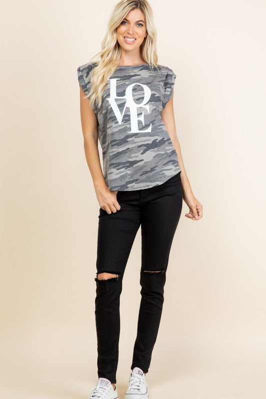 Gray Camo Cap Sleeve Love Top