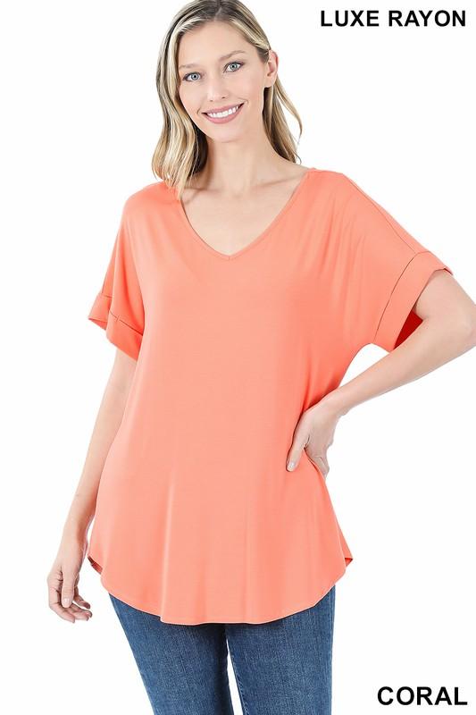 Luxe Rayon Cuff Sleeve V-Neck Top - Coral