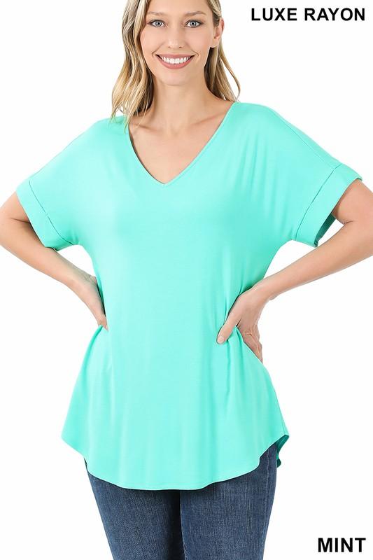Luxe Rayon Cuff Sleeve V-Neck Top - Mint