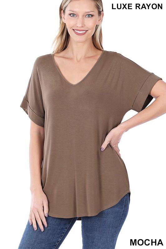 Luxe Rayon Cuff Sleeve V-Neck Top - Mocha